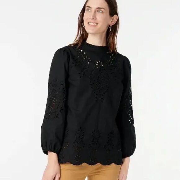 J.Crew, black blouse size med Mockneck cotton poplin top with embroidered eyelet - Picture 1 of 8